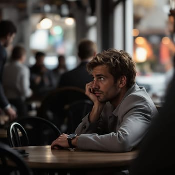 Young caucasian male in thoughtful moment at a busy cafe setting.