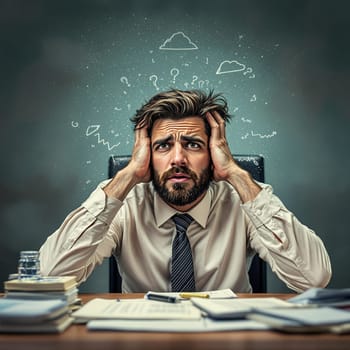 Stressed young caucasian male at work desk with confused thoughts.