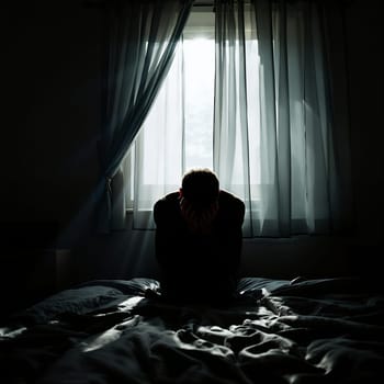 Silhouette of a caucasian male adult in deep contemplation by a sunlit window.