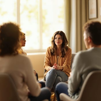 Group therapy session with diverse young adults in warm setting.