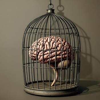 Brain confined in cage symbolizing restricted thinking and mental constraints.