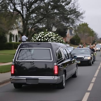 Funeral procession with black hearse and floral arrangement.