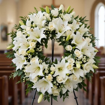 Elegant white floral wreath with lilies and roses in church setting.