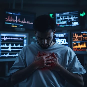 Young hispanic male experiencing chest pain in emergency room with vital signs monitors.