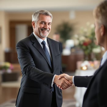 Caucasian male adult in business suit shaking hands in office environment.