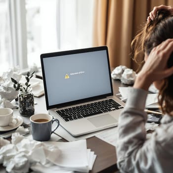 Frustrated young female with laptop error message in home office setting.