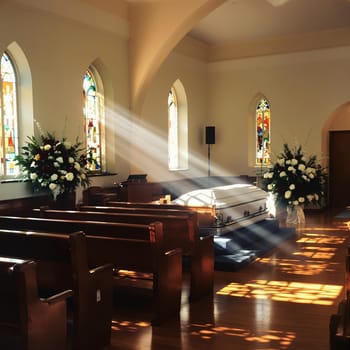 Serene church interior with sunlight and elegant funeral setup in a bright chapel.