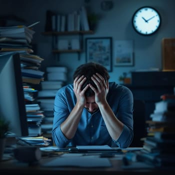 Stressed caucasian male adult working late in cluttered office.