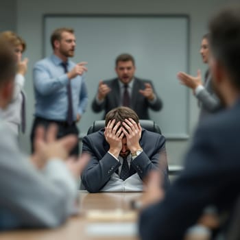 Stressed caucasian male adult surrounded by arguing colleagues in office meeting.