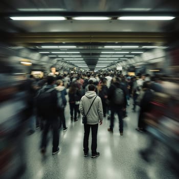 Young adult in busy urban train station surrounded by diverse crowd.
