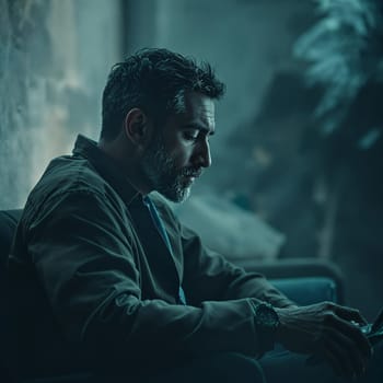 Pensive mature caucasian male in thoughtful indoor setting.