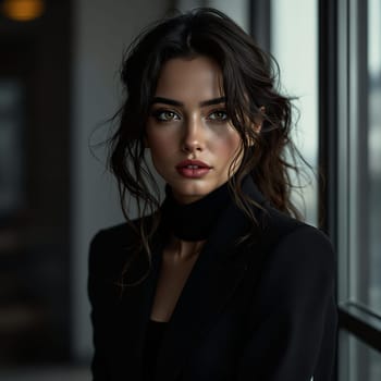 Elegant young hispanic female in black outfit posing by window.