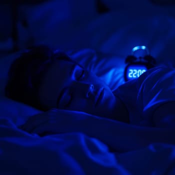 Young caucasian female sleeping peacefully at night with digital clock displaying 22:00.