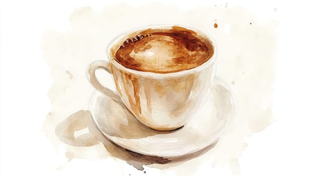 A detailed watercolor painting of a coffee cup filled with espresso, showcasing artistic textures and warm tones.