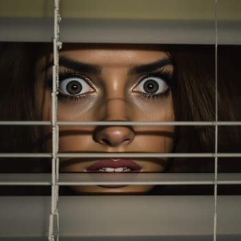 Young caucasian female with surprised expression behind window blinds.