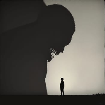 Silhouette of enormous creature facing lone child at dusk.