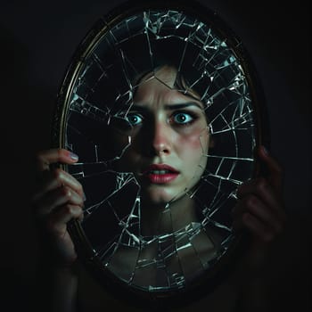 Frightened young caucasian female reflection in broken mirror.
