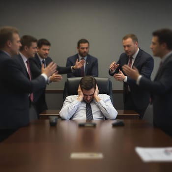 Stressed caucasian male adult surrounded by colleagues in a business meeting.