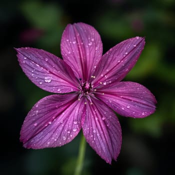Vibrant purple flower with dew drops against lush green background.