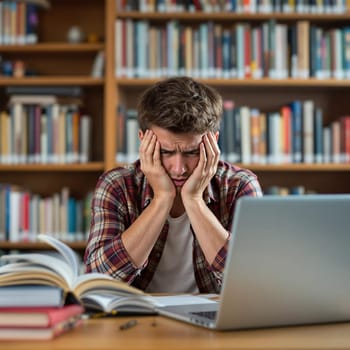 Young caucasian male student feeling stressed in library surrounded by books and laptop.