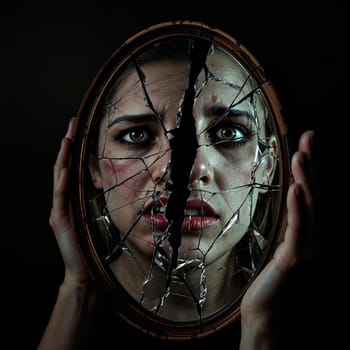 Caucasian female adult reflecting in cracked mirror with emotional expression.