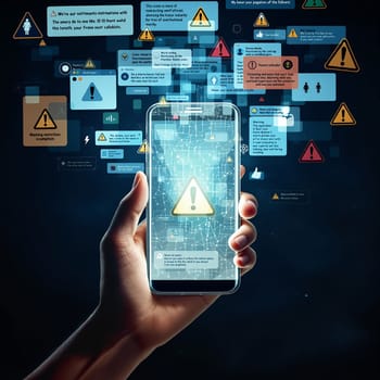 Smartphone with warning alert symbols and digital notifications.