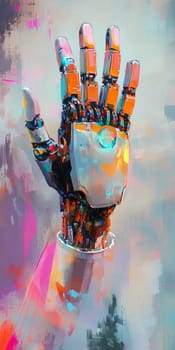A digital art illustration of a robotic hand with vibrant colors, showcasing futuristic technology and abstract design.