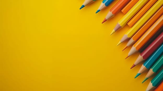 A collection of colored pencils arranged in a neat pattern on a bright yellow background, with copy space.
