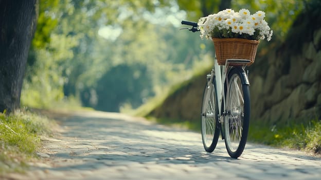 A white bicycle with a basket of white daisies stands on a charming cobblestone path surrounded by trees.