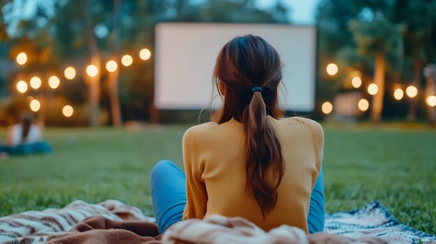 A young woman enjoying an outdoor movie night in a park, surrounded by twinkling lights and nature.