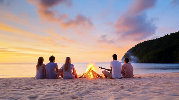 Friends gather around a bonfire on a sandy beach, enjoying the serene sunset and warm atmosphere.