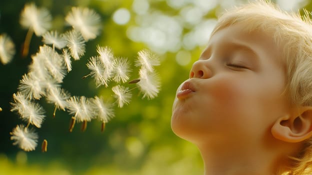 A young boy blowing dandelion seeds into the air, enjoying a serene moment in nature.