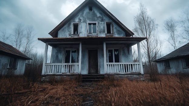 An old, abandoned house stands in an overgrown yard under a cloudy sky, evoking a sense of mystery.