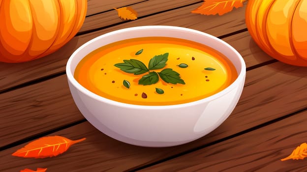 An artistic illustration of pumpkin soup with autumn leaves, capturing the essence of the fall season.