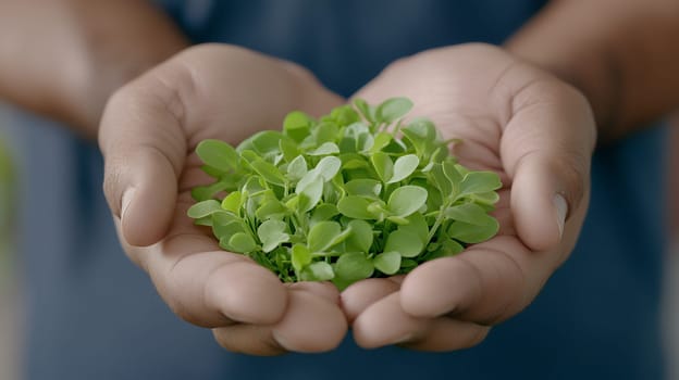 Hands cupping a bundle of fresh green leaves, symbolizing health and vitality in nature.