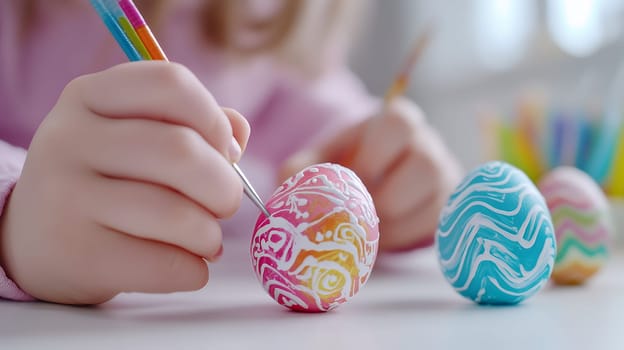 A child carefully painting Easter eggs with bright colors, creating fun and artistic designs for the holiday.