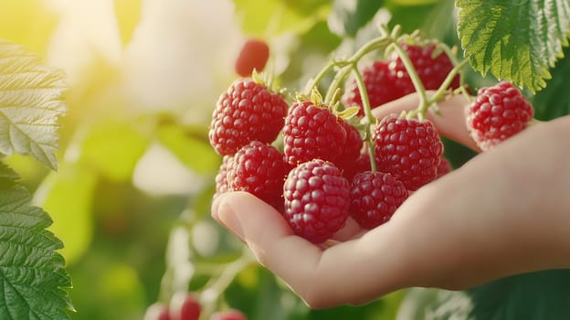 Close up of a hand holding clusters of ripe raspberries in a sunlit garden, highlighting their vibrant red color.