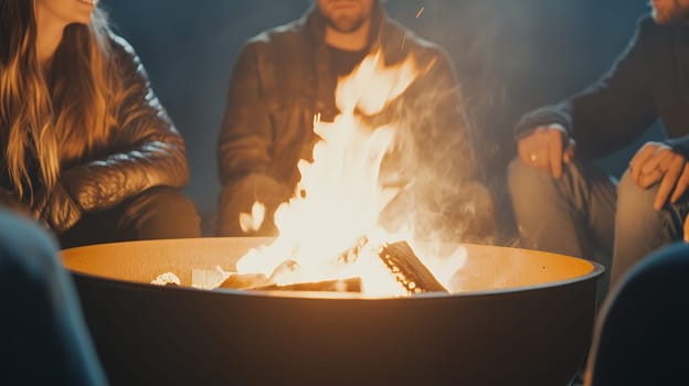 People enjoying a warm campfire, creating a cozy and inviting atmosphere during a chilly evening.