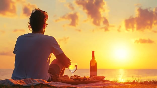 A person enjoys a picnic with wine at sunset by the sea, capturing a peaceful moment of relaxation.