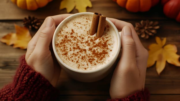A frothy cinnamon latte in a white mug, surrounded by autumn leaves and cozy ambiance.
