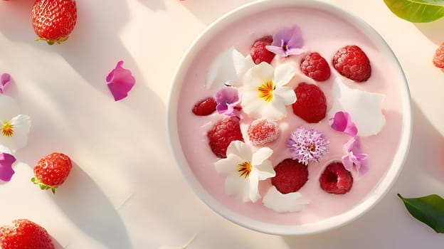 A vibrant bowl of berry yogurt topped with fresh berries and edible flowers, showcasing a healthy breakfast option.