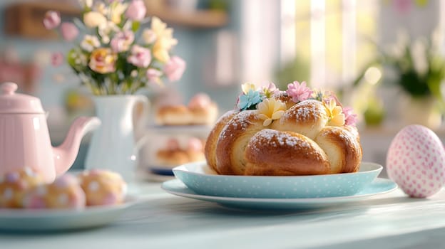 Sweet bread decorated with flowers, creating a beautiful centerpiece for an Easter celebration.