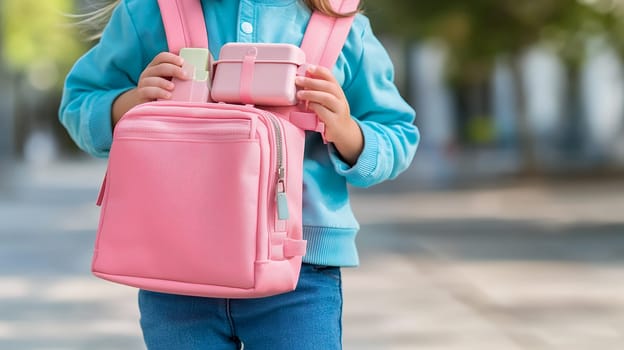 A child wearing a blue sweater holds a pink backpack, ready for school, against a blurred outdoor background.