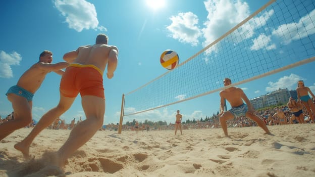 A dynamic beach volleyball game under a bright sky, with players in action and sand flying.