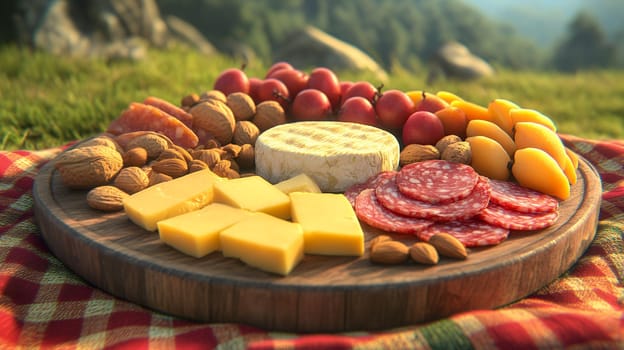 A rustic picnic setup featuring a cheese and charcuterie board with nuts and fruits on a checkered cloth.