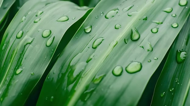 Close up shot of fresh green leaves covered in dew droplets, showcasing nature's purity and vibrancy.