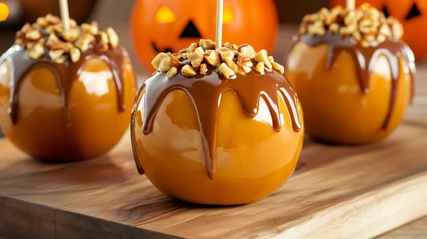 Caramel apples adorned with nuts, perfect for holiday celebrations, beautifully displayed with pumpkin decorations.