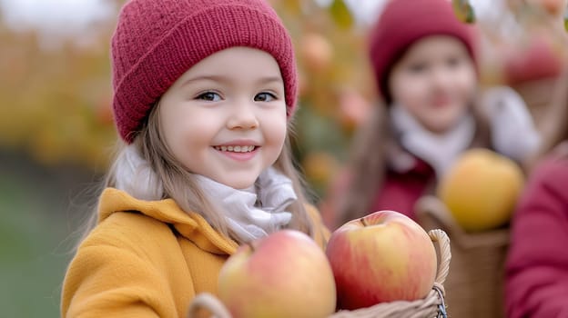 A cheerful young girl in a red hat holds a basket of apples, enjoying an autumn day in the orchard.