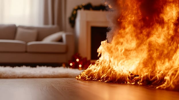 Flames engulf a living room, creating a dramatic scene with intense heat and danger.