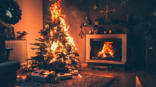 A Christmas tree ablaze near a fireplace, highlighting the importance of holiday fire safety measures.